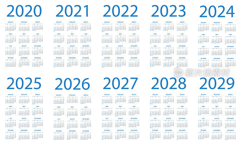 日历2020 2021 2022 2023 2024 2025 206 2027 2028 2029 -简单的布局插图。星期从星期天开始。日历设置为2020年2021年2022年2023年2024年2025年2026年2027年2028年2029年